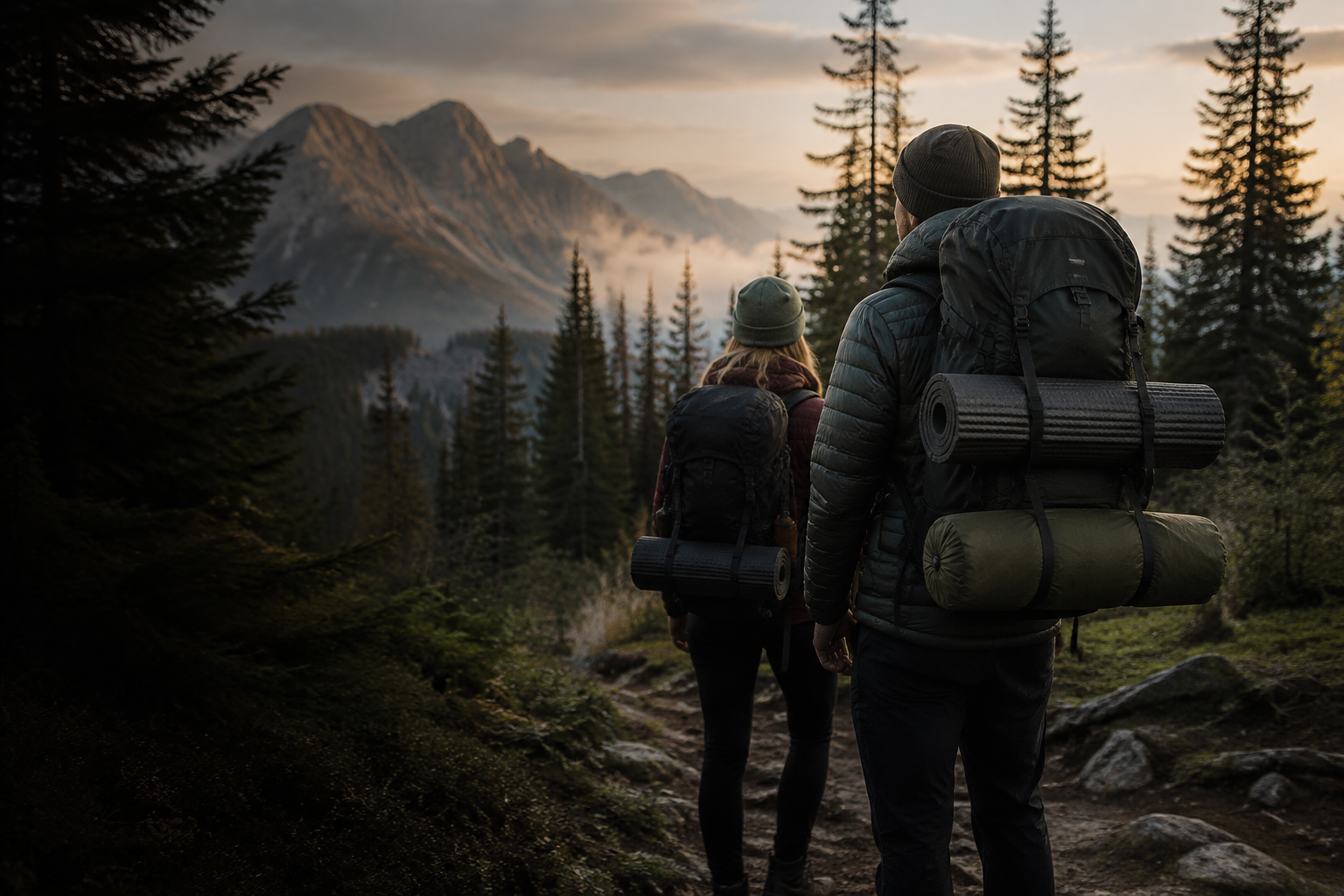 Two backpackers heading toward an alpine trail at sunrise
